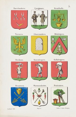 Illustration Page from ‘De ambachten en neringen van Brugge’ by Gailliard; The Coats of Arms of the Guilds Plate 5. by Auguste Ancot