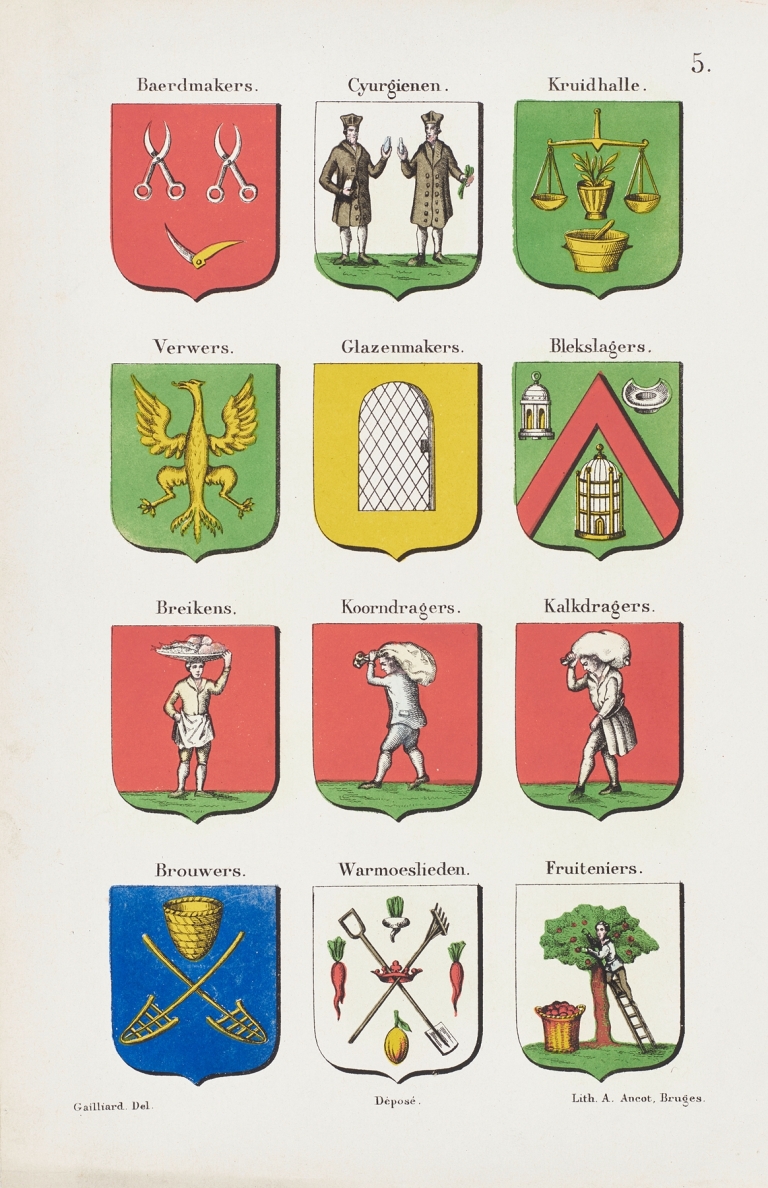 Illustration Page from ‘De ambachten en neringen van Brugge’ by Gailliard; The Coats of Arms of the Guilds Plate 5. by Auguste Ancot
