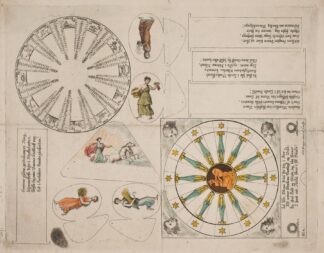 Illustrationstavle med almanak-cirkel og fem vers by Oluf Olufsen Bagge