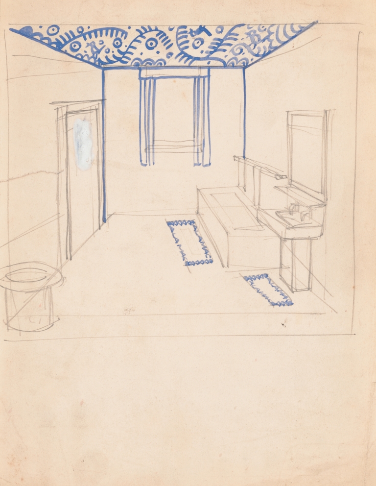 Interior design sketches for Alamac Hotel, 71st and Broadway, New York, NY.] [Incomplete interior perspective of a bathroom by Winold Reiss