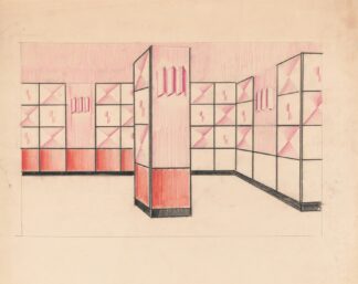 Interior perspective drawings of Hotel Siwanoy, Mount Vernon, NY.] [Interior perspective, unidentified room in pink, vermillion, and black by Winold Reiss