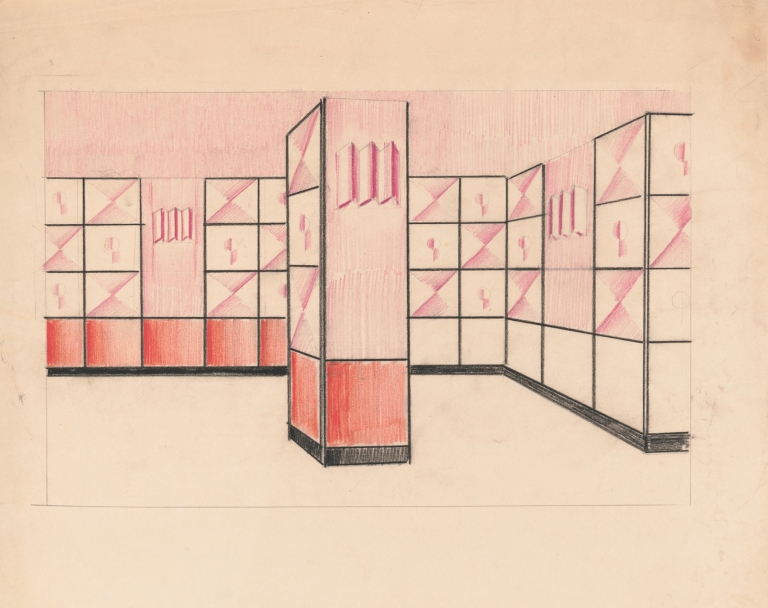 Interior perspective drawings of Hotel Siwanoy, Mount Vernon, NY.] [Interior perspective, unidentified room in pink, vermillion, and black by Winold Reiss
