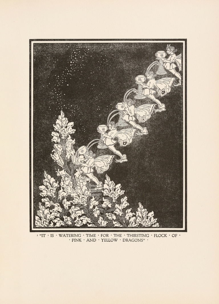 It is watering time for the thirsting flock of pink and yellow dragons by Dugald Stewart Walker