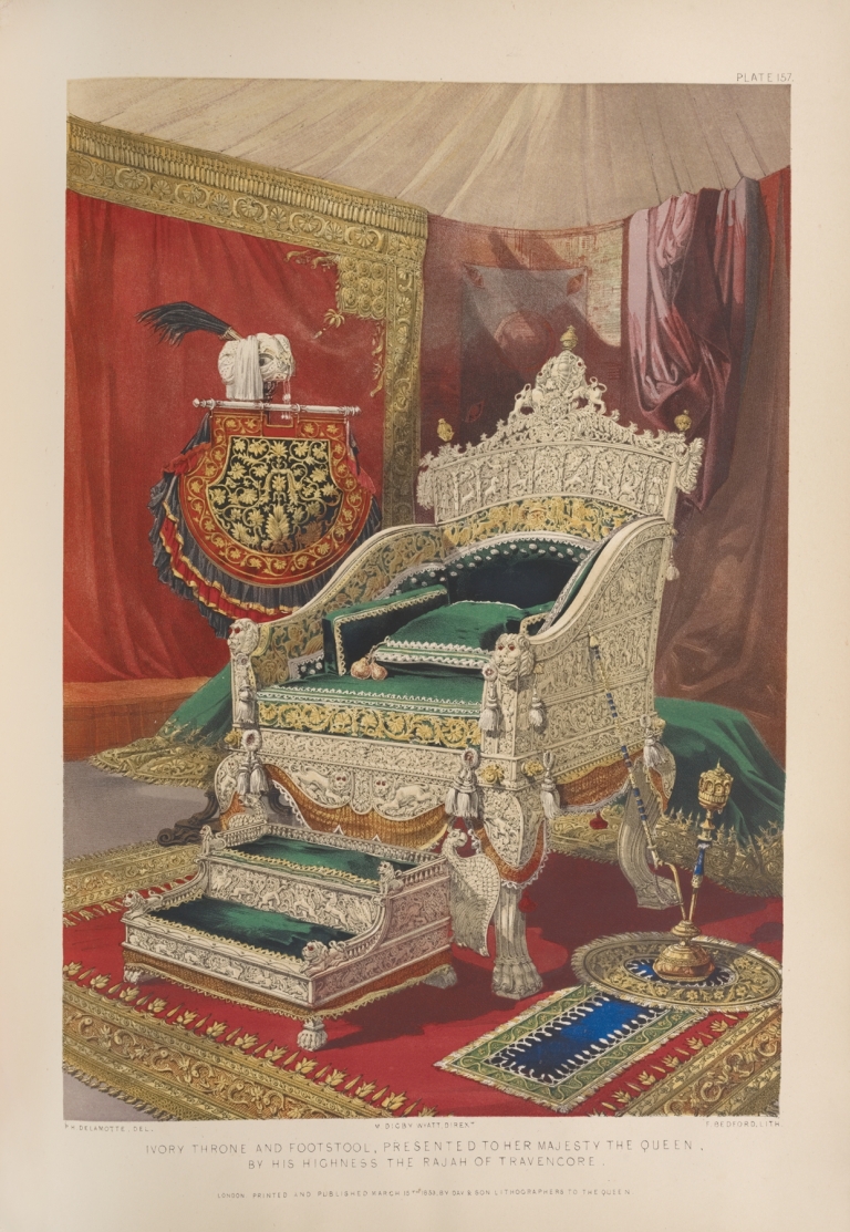Ivory throne and footstool, presented to her majesty the queen, by his highness the rajah of Travencore by Matthew Digby Wyatt
