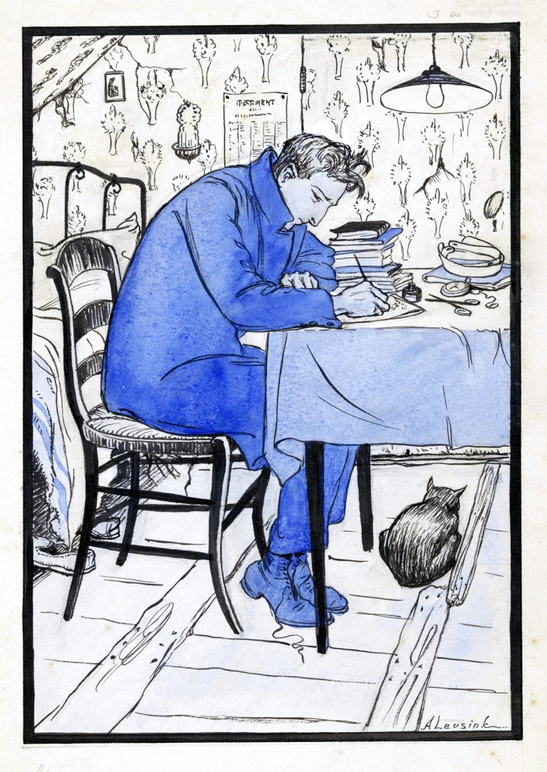 Jan maakt huiswerk aan een tafel by Anny Leusink