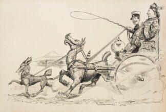 Japan, depicted as a soldier, rides in a wagon with and courts a woman representing China by William Henry Walker