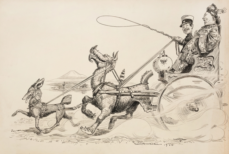 Japan, depicted as a soldier, rides in a wagon with and courts a woman representing China by William Henry Walker