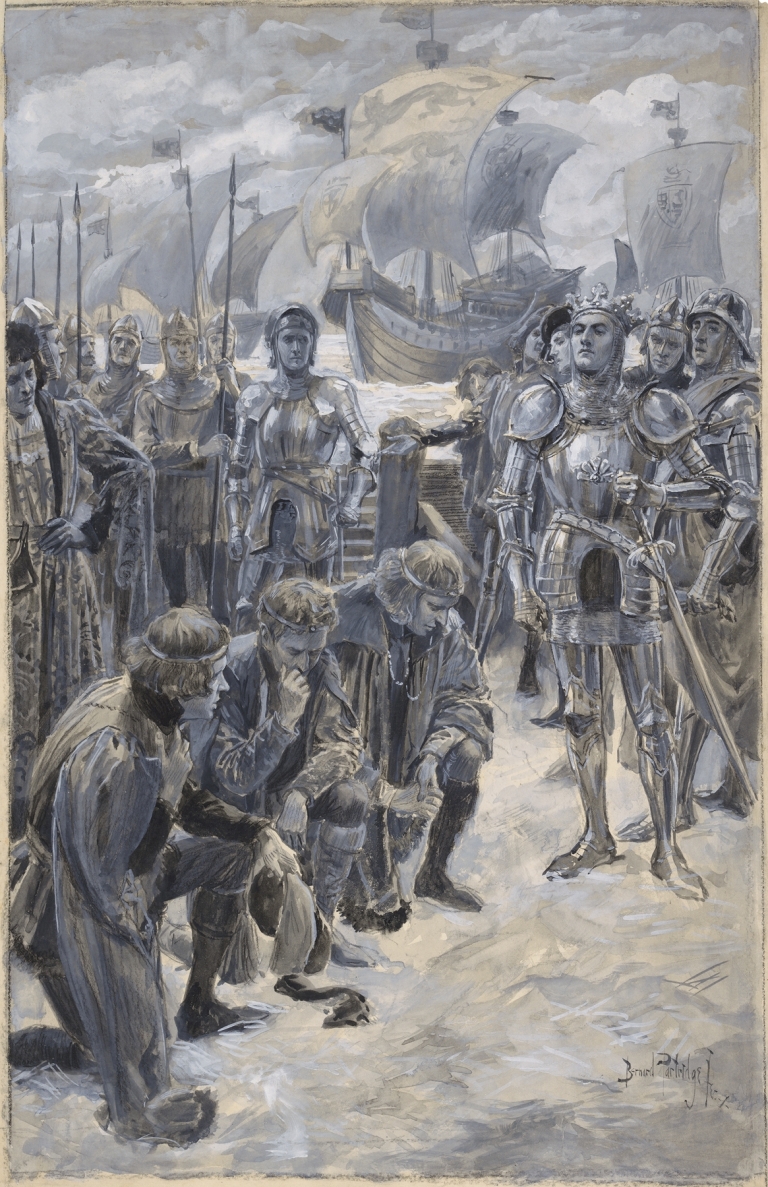 King Henry V, II, 2, as acted at the Lyceum, King Henry and Lords Scroop, Grey, and Cambridge, Lewis Waller by Bernard Partridge