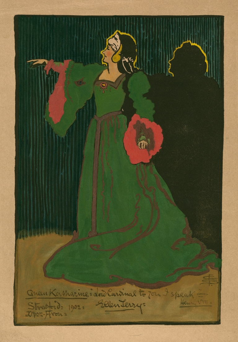 King Henry VIII, Queen Katherine; ‘Lord Cardinal to you I speak,’, Ellen Terry as the Queen by Pamela Colman Smith