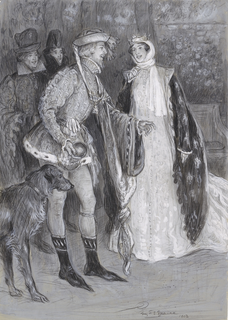 King Richard II, Mr. Tree as Richard and Lily Brayton as the queen, the opening scene at his Majesty’s Theatre by Percy Frederick Seaton Spence