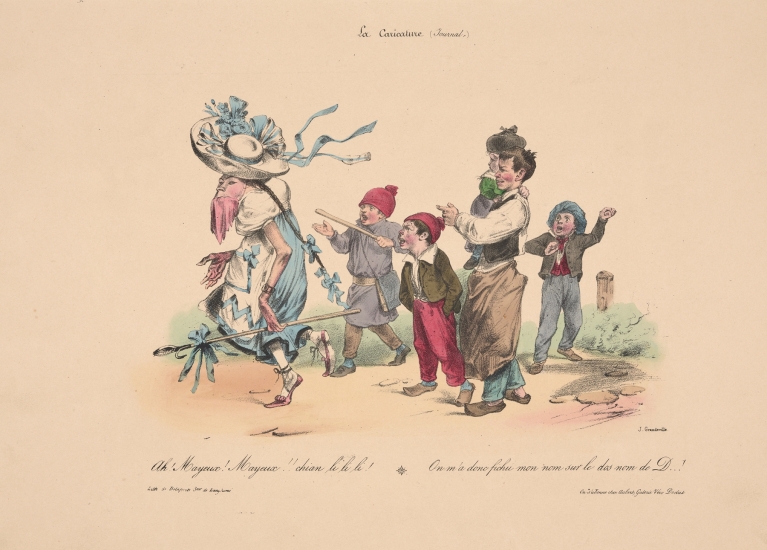 La Caricature; Ah! Mayeux! Mayeux!! Chian li li li! On m’a donc fichu mon nom sur le dos nom de D . . . !. by J. J. Granville