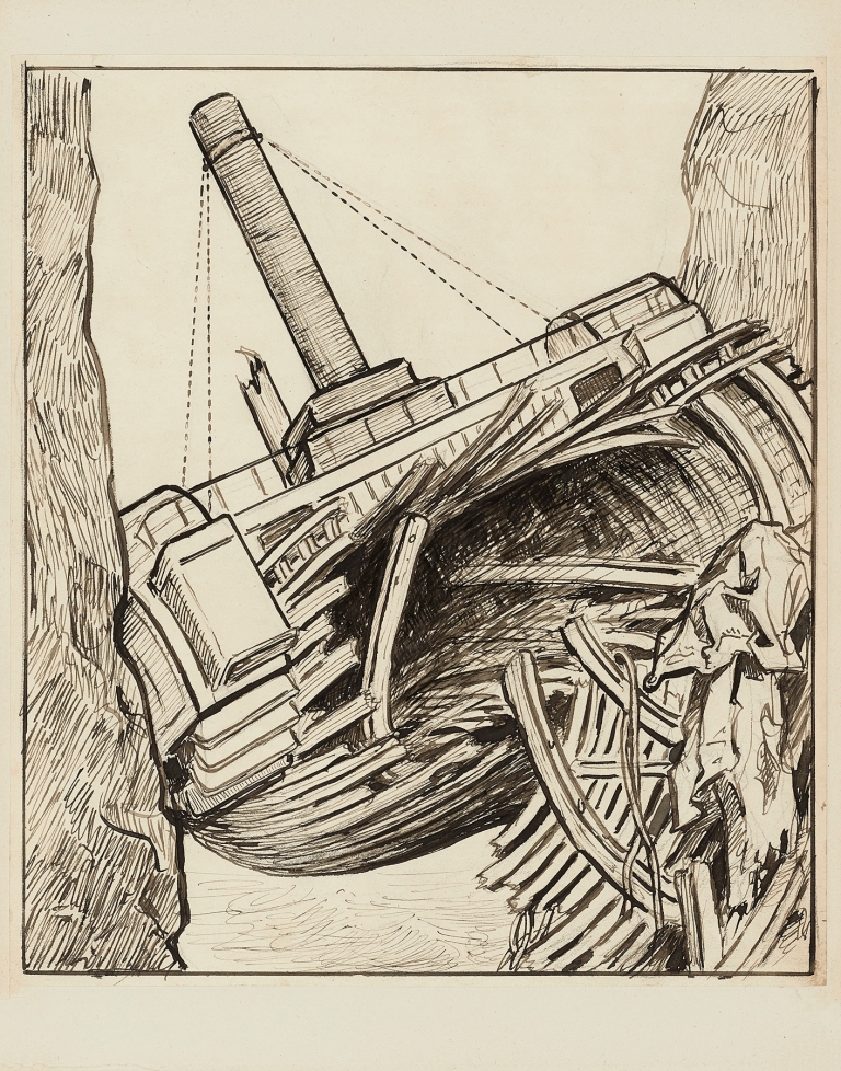 La Durande entre les rochers Douvres – dessin pour le cul-de-lampe de la table des matières et des gravures by Achille Granchi-Taylor