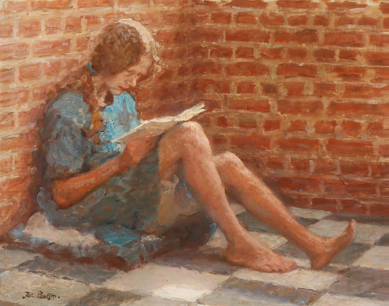 Læsende pige siddende ved en murstensvæg by Julius Paulsen