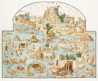 Large river scene of various animals and people on islands at various activities. by Pierre-Jean Mariette