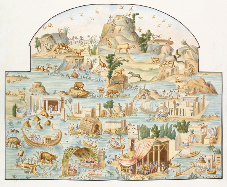 Large river scene of various animals and people on islands at various activities. by Pierre-Jean Mariette