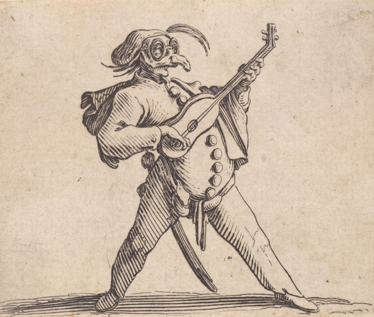 Le comédien masqué, avec lunettes, et jouant de la guitare by Jacques Callot