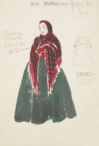 Life and Death of an American: Miss Baraks green dress, red and black shawl by Alex Jones
