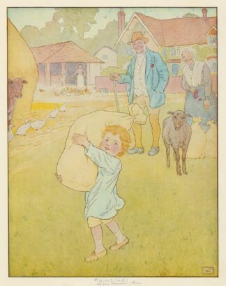 Little boy carrying bag of wool. by Leonard Leslie Brooke