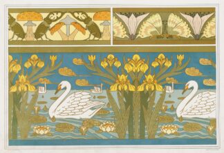 Lucanes et champignons, oxalides et papillons, bordure; cygnes, iris et nénuphars, émail cloisonné by Maurice Pillard Verneuil