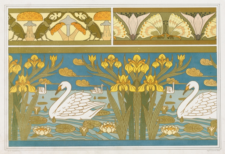 Lucanes et champignons, oxalides et papillons, bordure; cygnes, iris et nénuphars, émail cloisonné by Maurice Pillard Verneuil