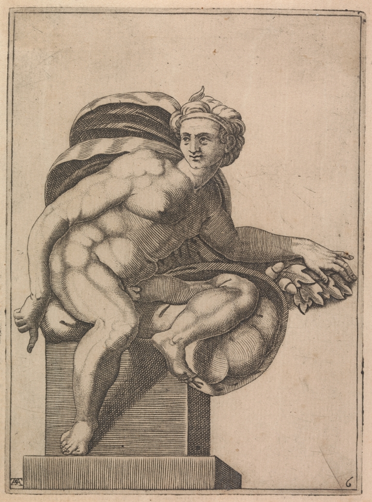 Male Nude Seated from Panel of ‘Creation of Eve’ by Adamo Scultori