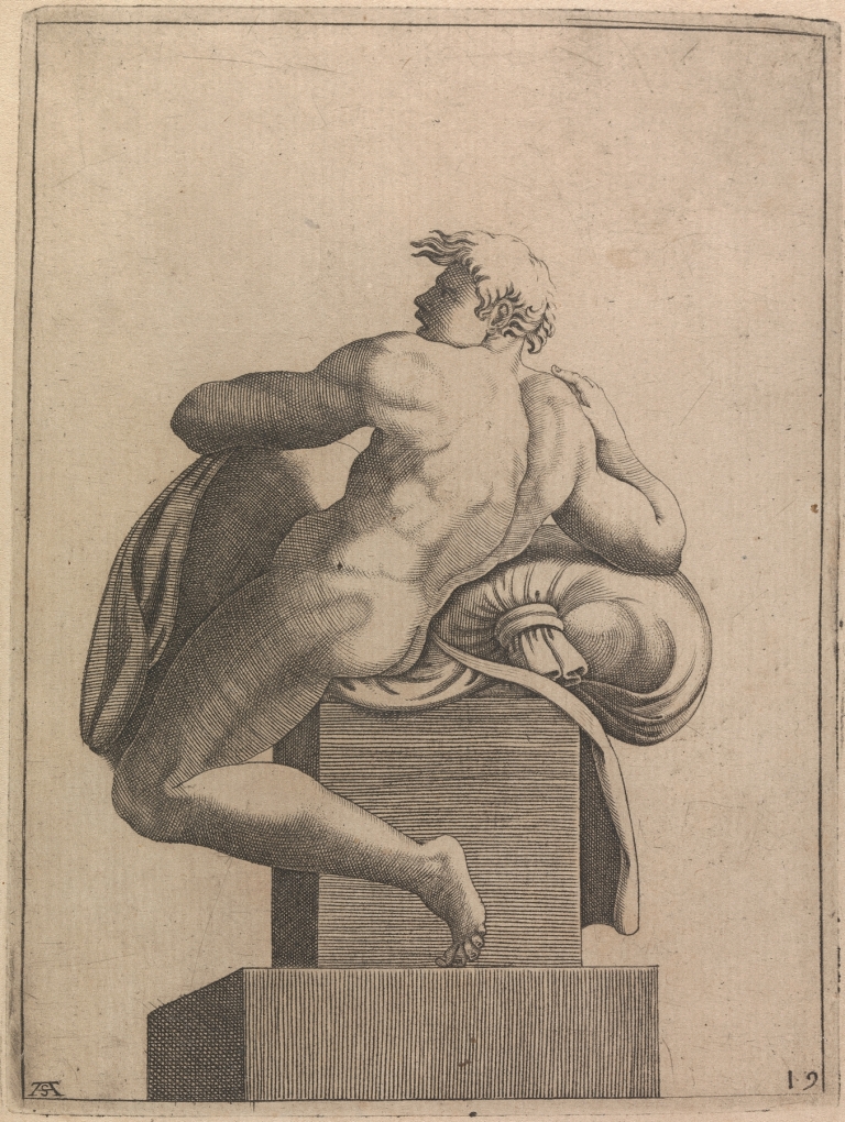 Male Nude Seated from Panel of ‘God Separating the Waters…’ by Adamo Scultori