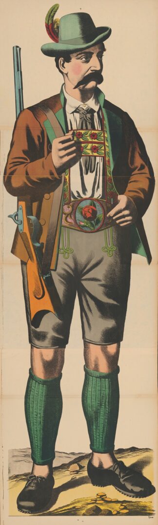 Man in lederhosen and Tyrolean hat holding a rifle over his shoulder by René Ackermann