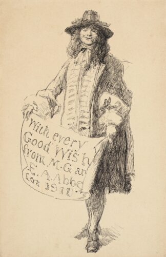 Man in seventeenth-century dress holding a scroll; With every Good Wish from M. G. and E. A. Abbey for 1911 by Edwin Austin Abbey