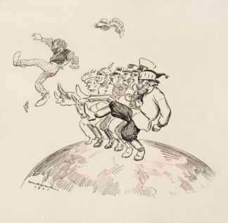 Men representing several European countries dance a kick-line together to kick out a man representing anarchy. by William Henry Walker