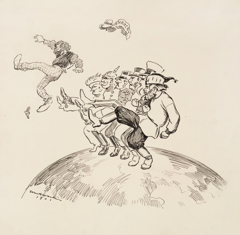 Men representing several European countries dance a kick-line together to kick out a man representing anarchy. by William Henry Walker