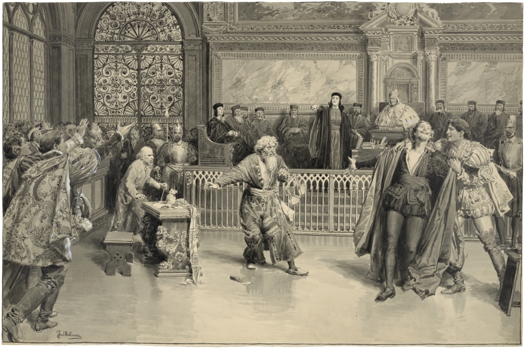 Merchant of Venice, IV, 1, as played at His Majesty’s Theatre, the trial by Fortunino Matania