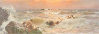 Mermaids frolicking in the sea at sunset by Benes Knüpfer