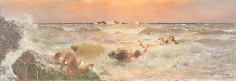 Mermaids frolicking in the sea at sunset by Benes Knüpfer