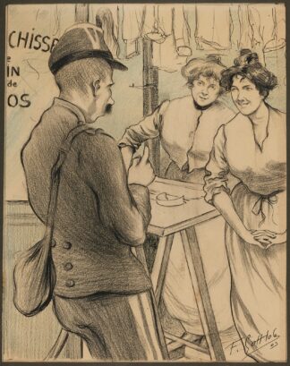 Militaire et femmes dans une blanchisserie by Fernand Louis Gottlob