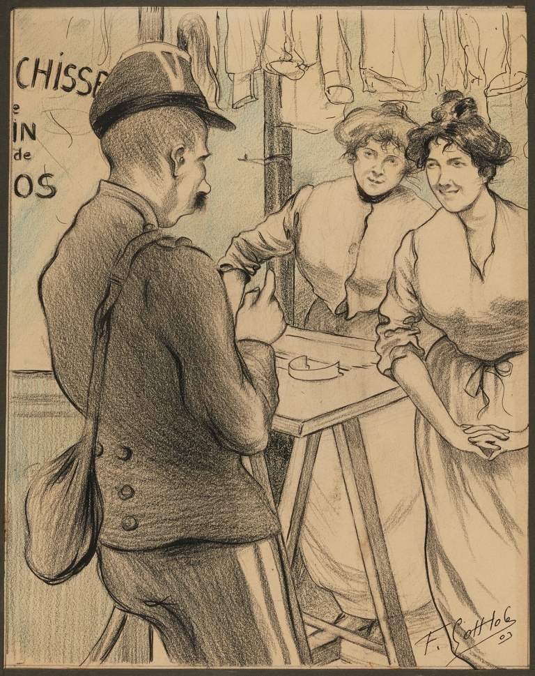 Militaire et femmes dans une blanchisserie by Fernand Louis Gottlob