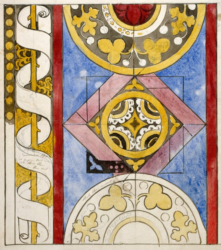 Motifs géométriques et bordure à phylactère enroulé autour d’une tige végétale by Prosper Lafaye
