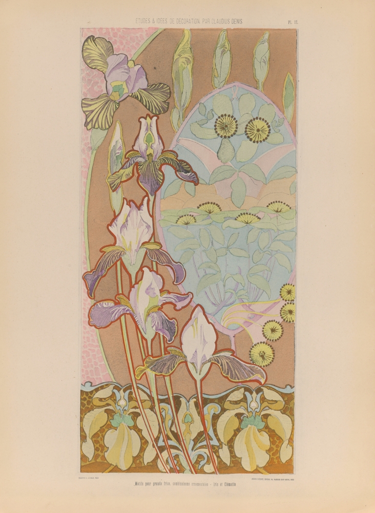 Motifs pour grande frise, combinaisons ornementales – Iris et Clématite by Claudius Denis