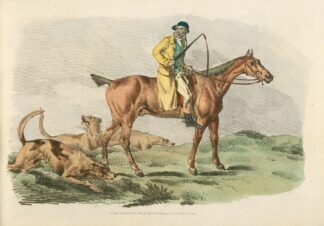 Mounted hunter with three hounds running behind by Henry Thomas Alken