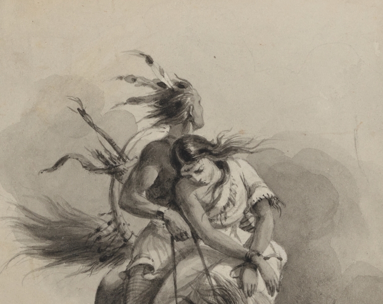 Native American on horse, holding girl with tied hands by Felix Octavius Carr Darley