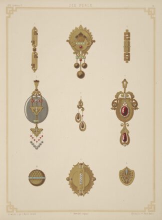 Nine Designs For Jewelry, Including Gold Brooch With Green And Red Stones. by Martin Gerlach
