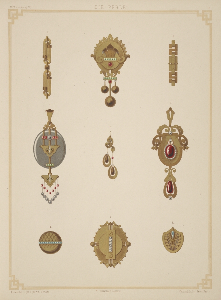 Nine Designs For Jewelry, Including Gold Brooch With Green And Red Stones. by Martin Gerlach