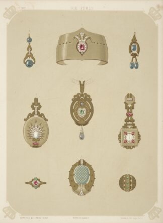 Nine Designs For Jewelry, Including Pointed Gold Bracelet With Red Stone And Diamonds. by Martin Gerlach