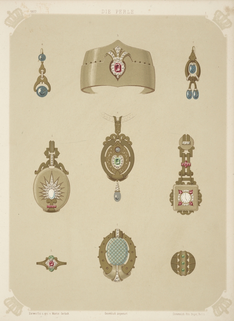 Nine Designs For Jewelry, Including Pointed Gold Bracelet With Red Stone And Diamonds. by Martin Gerlach