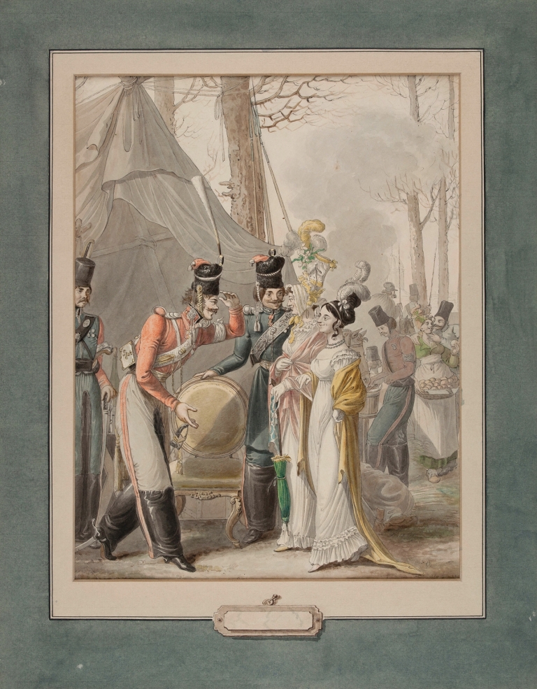 Occupation russe à Paris des soldats russes courtisent des promeneuses, au milieu d’un campement by George Emmanuel Opiz ou Opitz