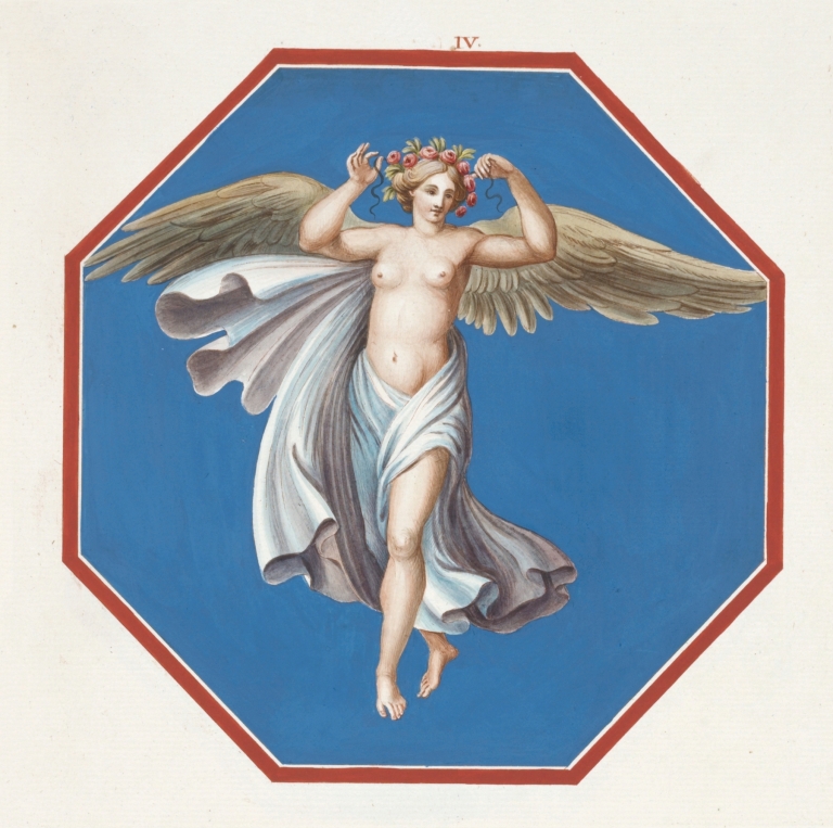 Octagonal painting of female angel with crown of flowers. by Pierre-Jean Mariette