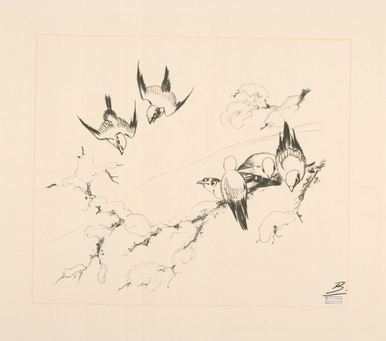 Oiseaux sur une branche d’arbre couverte de neige. by Félix Bracquemond