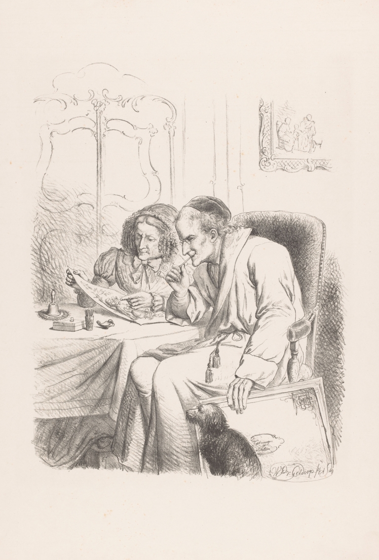 Old man and woman looking at a drawing by Wilhelmus Petrus van Geldorp