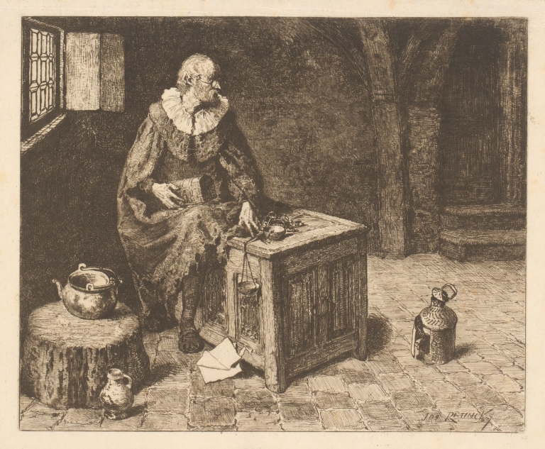 Old man seated on a chest with scales and box by Jos Ratinckx