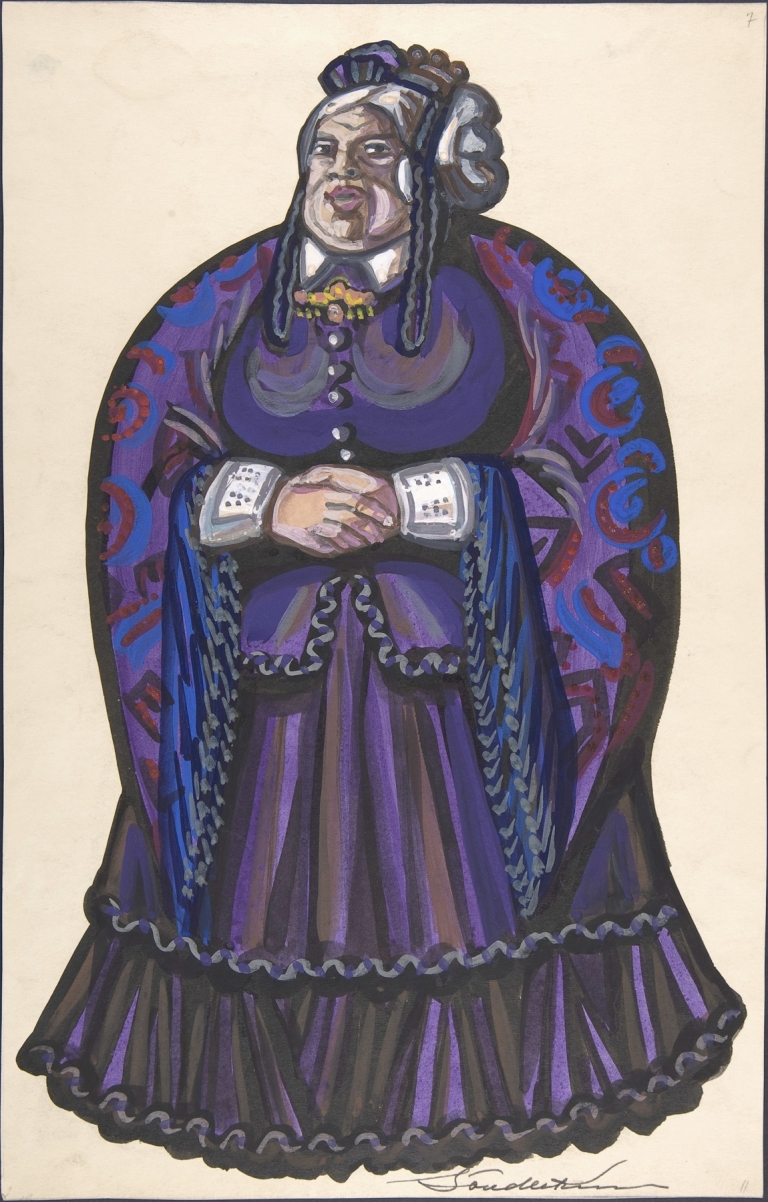Old Woman in a purple dress by Sergey Yurievich Sudeikin