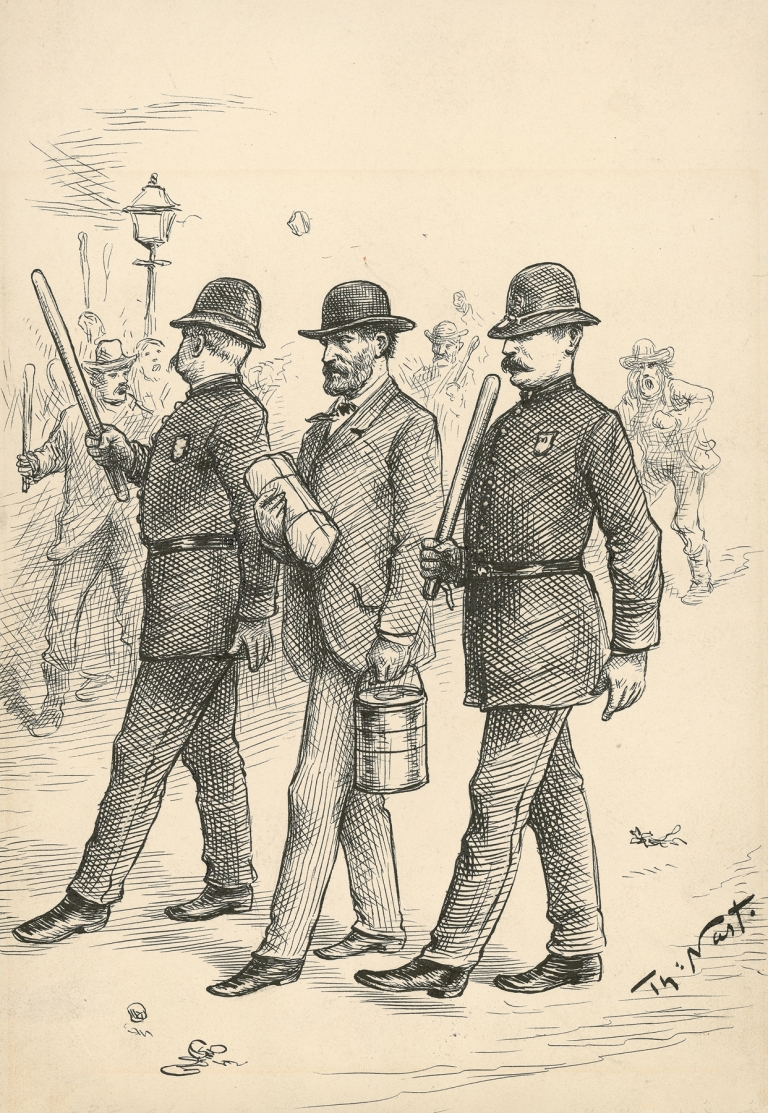 On this the triumph of our Republican form of government, must the honest laborer, satisfied with his employer, his wages . . . by Thomas Nast